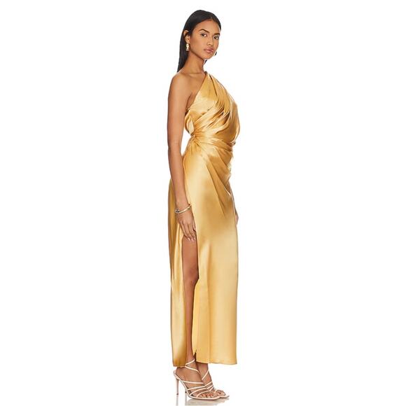 The Sei Asymmetrical Ruched Draped One Shoulder Silk Gold Maxi Dress Size 4 - Picture 2 of 9
